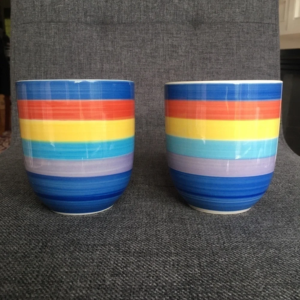 Set/2 Rainbow Striped Ceramic Coffee Mugs, 14 oz